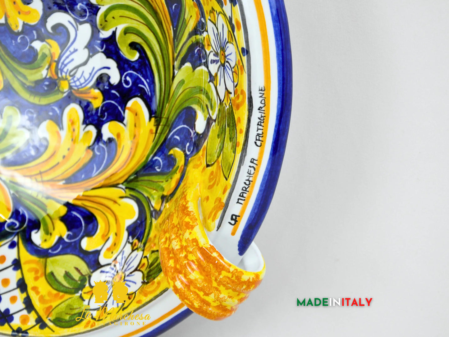 Ciotola Centrotavola in Ceramica di Caltagirone manici  ornato blu antico 31cm