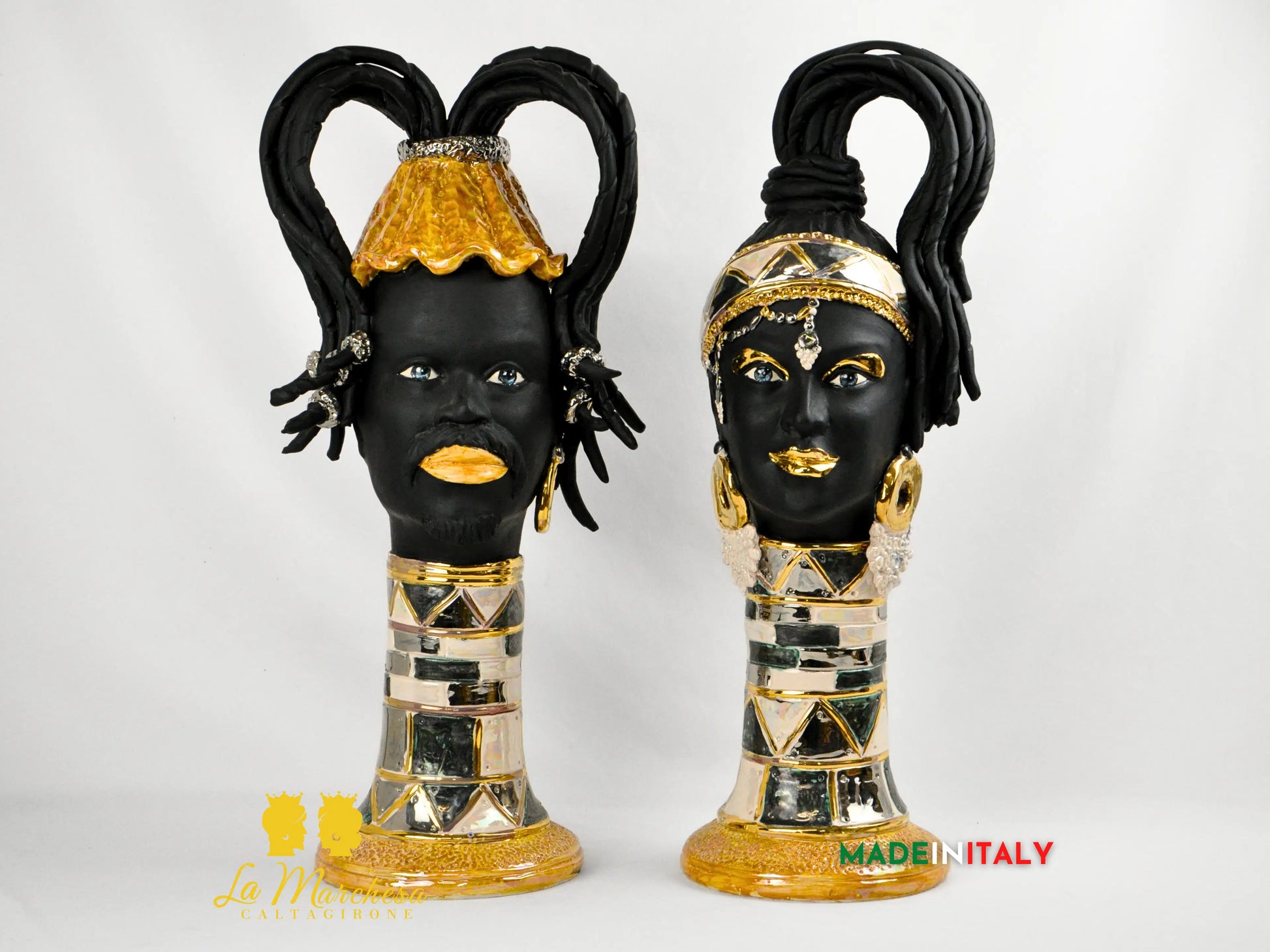 Teste di Moro Design Afro Platino Oro e Madreperla in Ceramica di Caltagirone cm60
