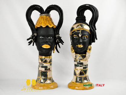 Teste di Moro Design Afro Platino Oro e Madreperla in Ceramica di Caltagirone cm60