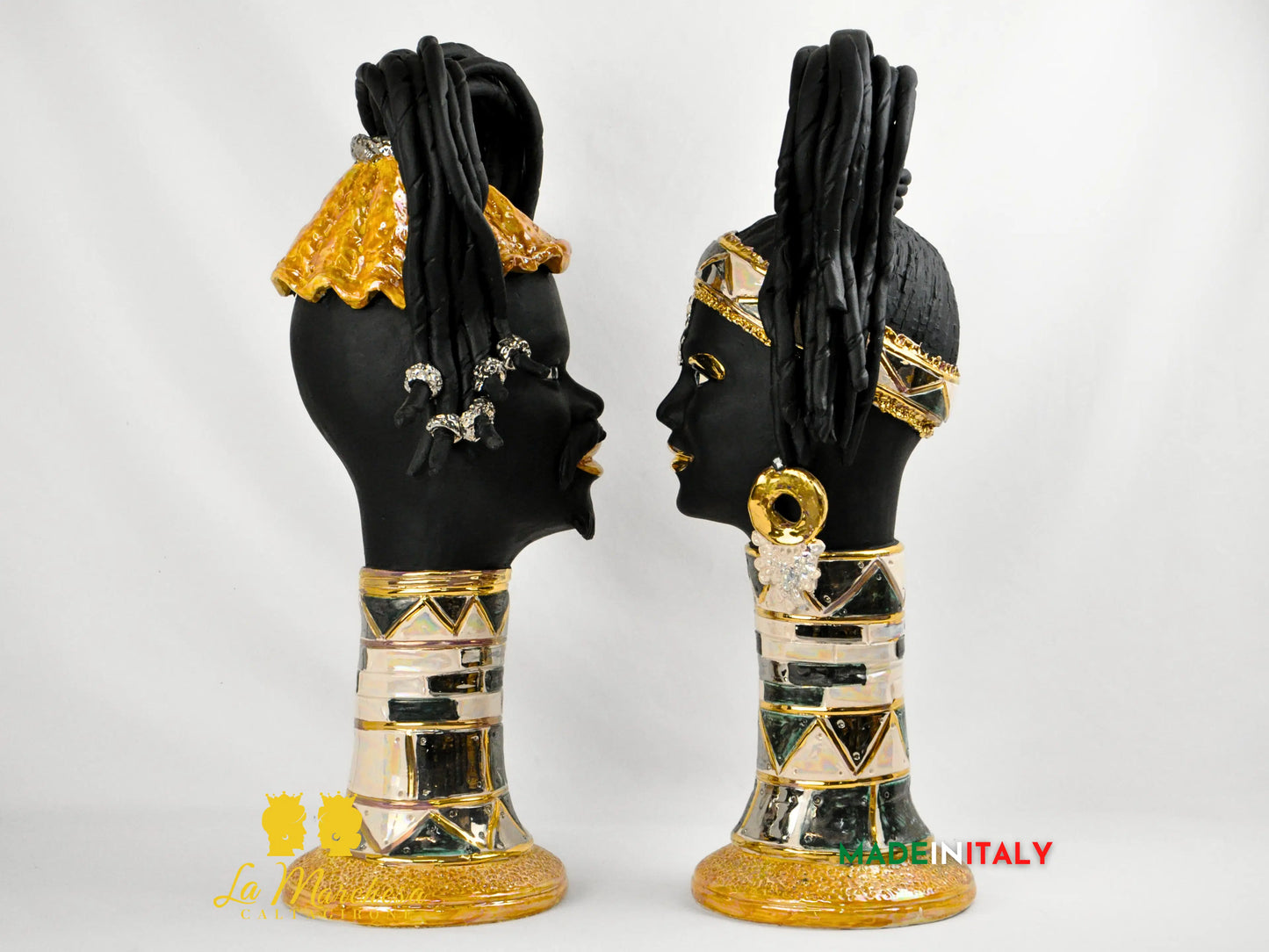 Teste di Moro Design Afro Platino Oro e Madreperla in Ceramica di Caltagirone cm60