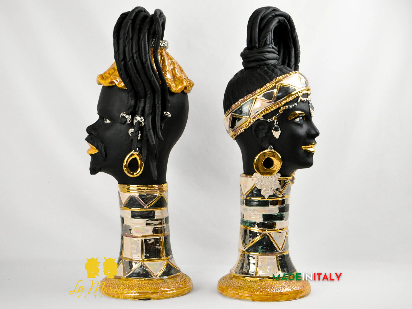 Teste di Moro Design Afro Platino Oro e Madreperla in Ceramica di Caltagirone cm60