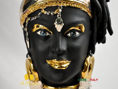 Teste di Moro Design Afro Platino Oro e Madreperla in Ceramica di Caltagirone cm60