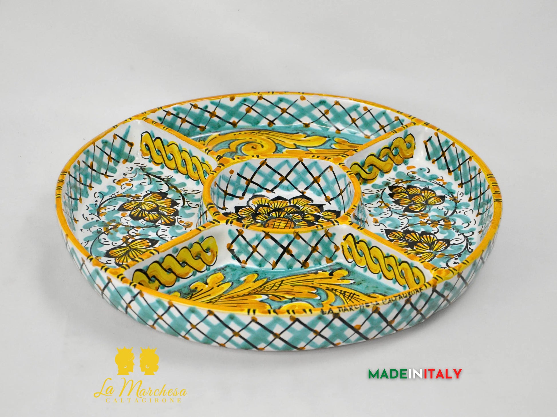 Antipastiera in Ceramica di Caltagirone Tonda 5 Scomparti - Vari Decori