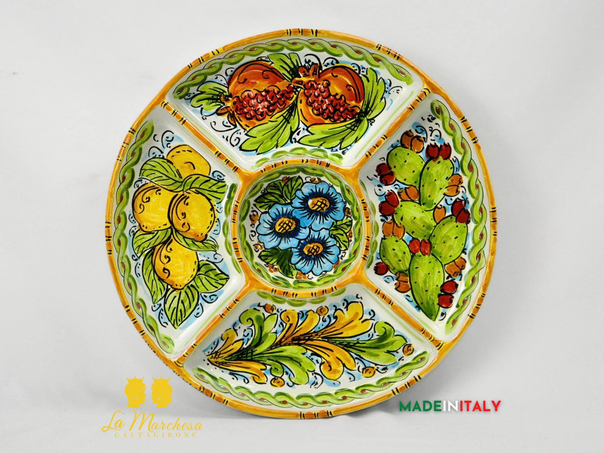 Antipastiera in Ceramica di Caltagirone Tonda 5 Scomparti - Vari Decori