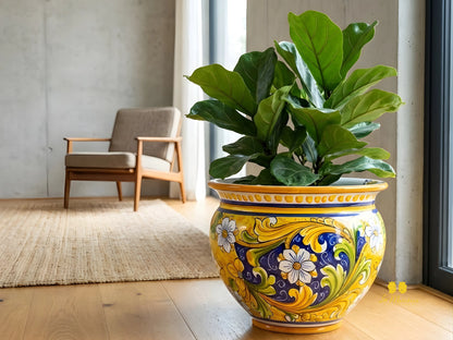 Portavaso Ornato Blu Giallo in Ceramica di Caltagirone - Varie Misure