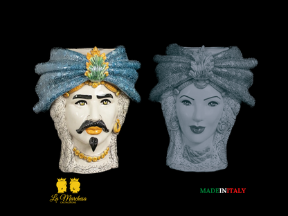 Teste di Moro in Ceramica di Caltagirone turbante blu 39cm