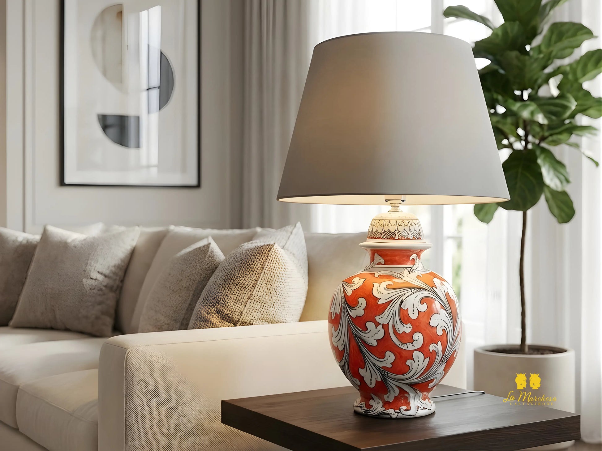 Lampada Ornato Bianco Rosso Ceramica di Caltagirone Paralume 60cm