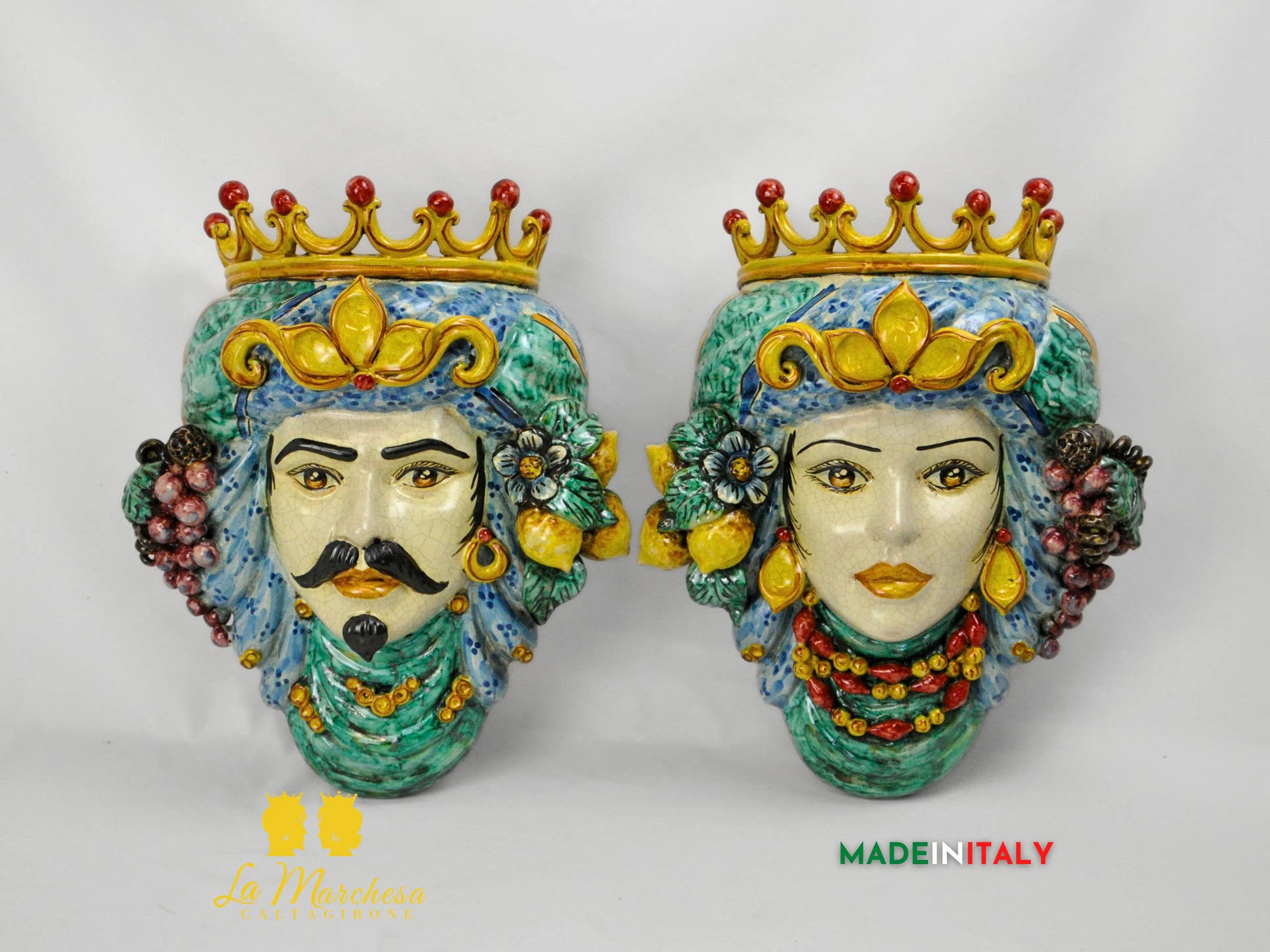 Teste di Moro in Ceramica di Caltagirone da Parete Craquelé 38cm - Vari Modelli