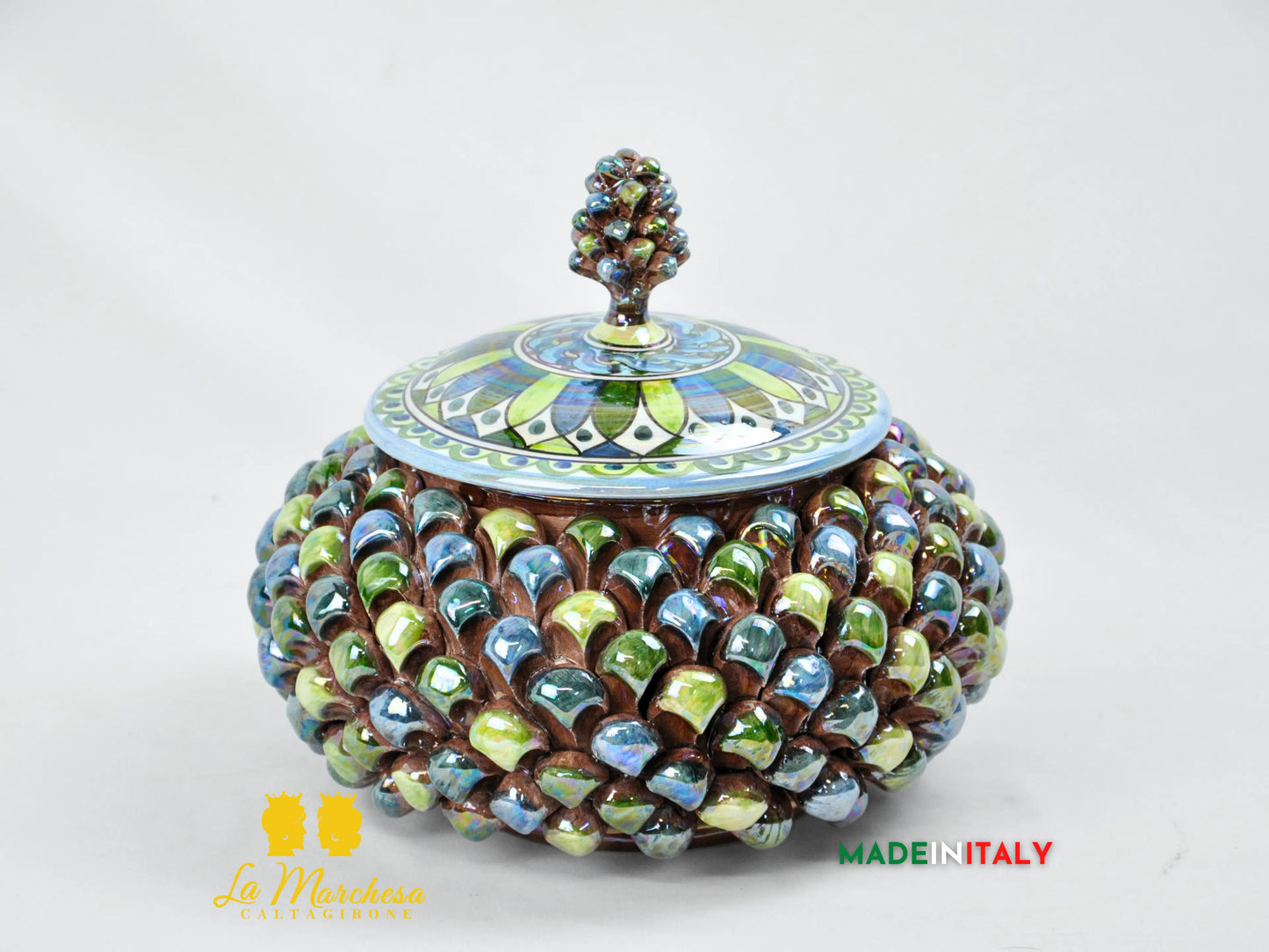 Biscottiera Pigna Blu Verde Madreperla in Ceramica di Caltagirone 26cm