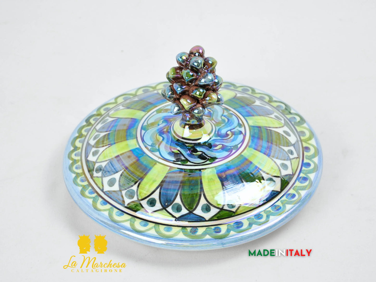 Biscottiera Pigna Blu Verde Madreperla in Ceramica di Caltagirone 26cm