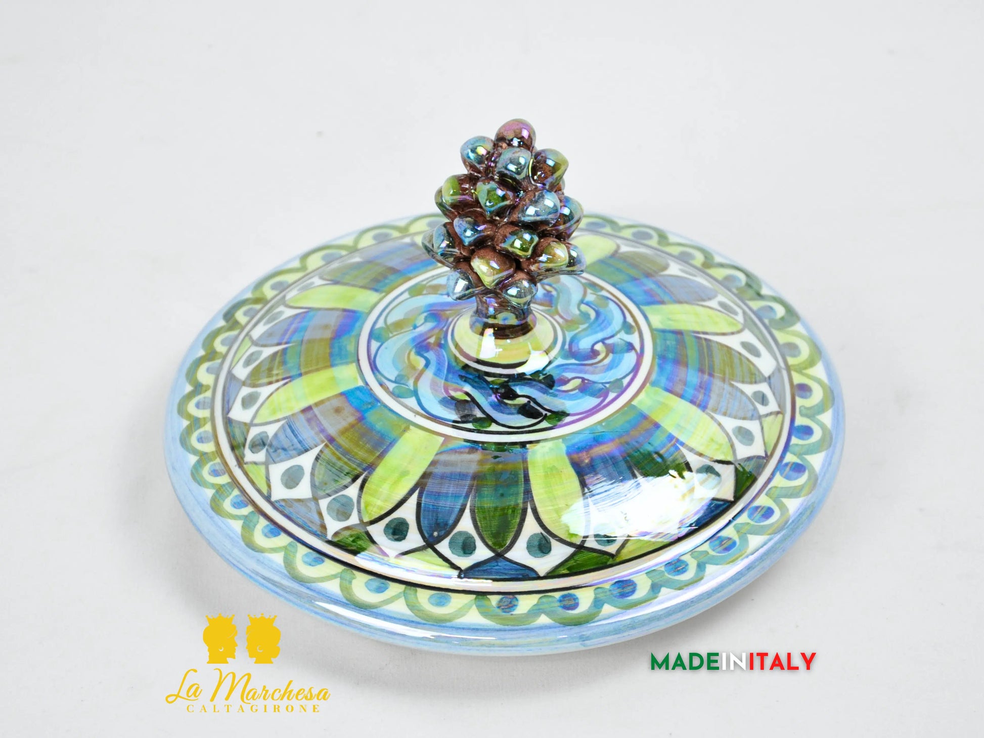 Biscottiera Pigna Blu Verde Madreperla in Ceramica di Caltagirone 26cm