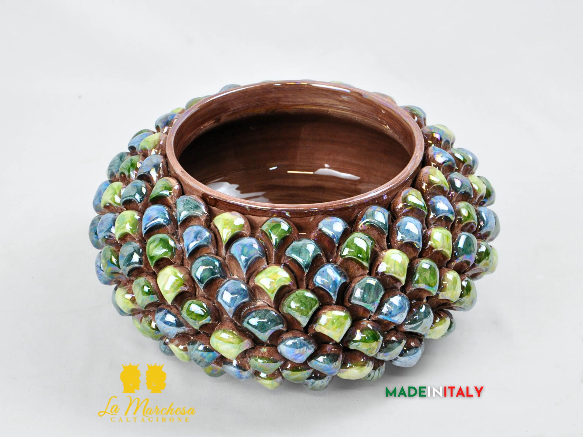 Biscottiera Pigna Blu Verde Madreperla in Ceramica di Caltagirone 26cm