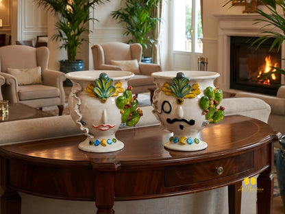 Vaso Design Volto in Ceramica di Caltagirone Fichi D'India 24cm