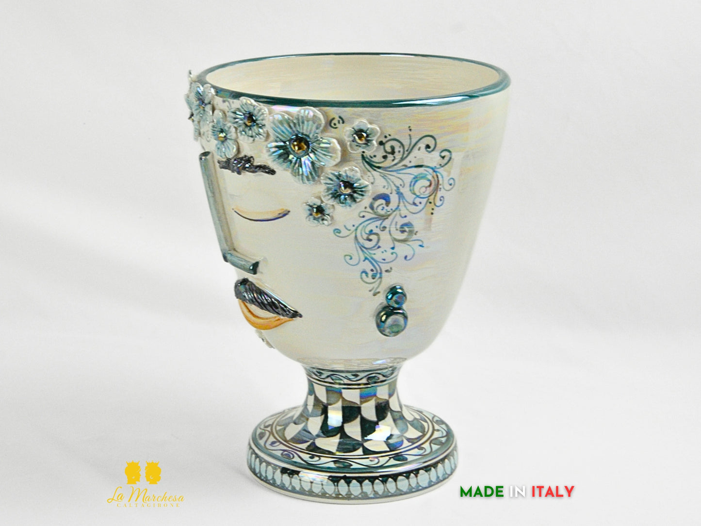 Portavaso in Ceramica di Caltagirone design Volto Madreperla 30cm