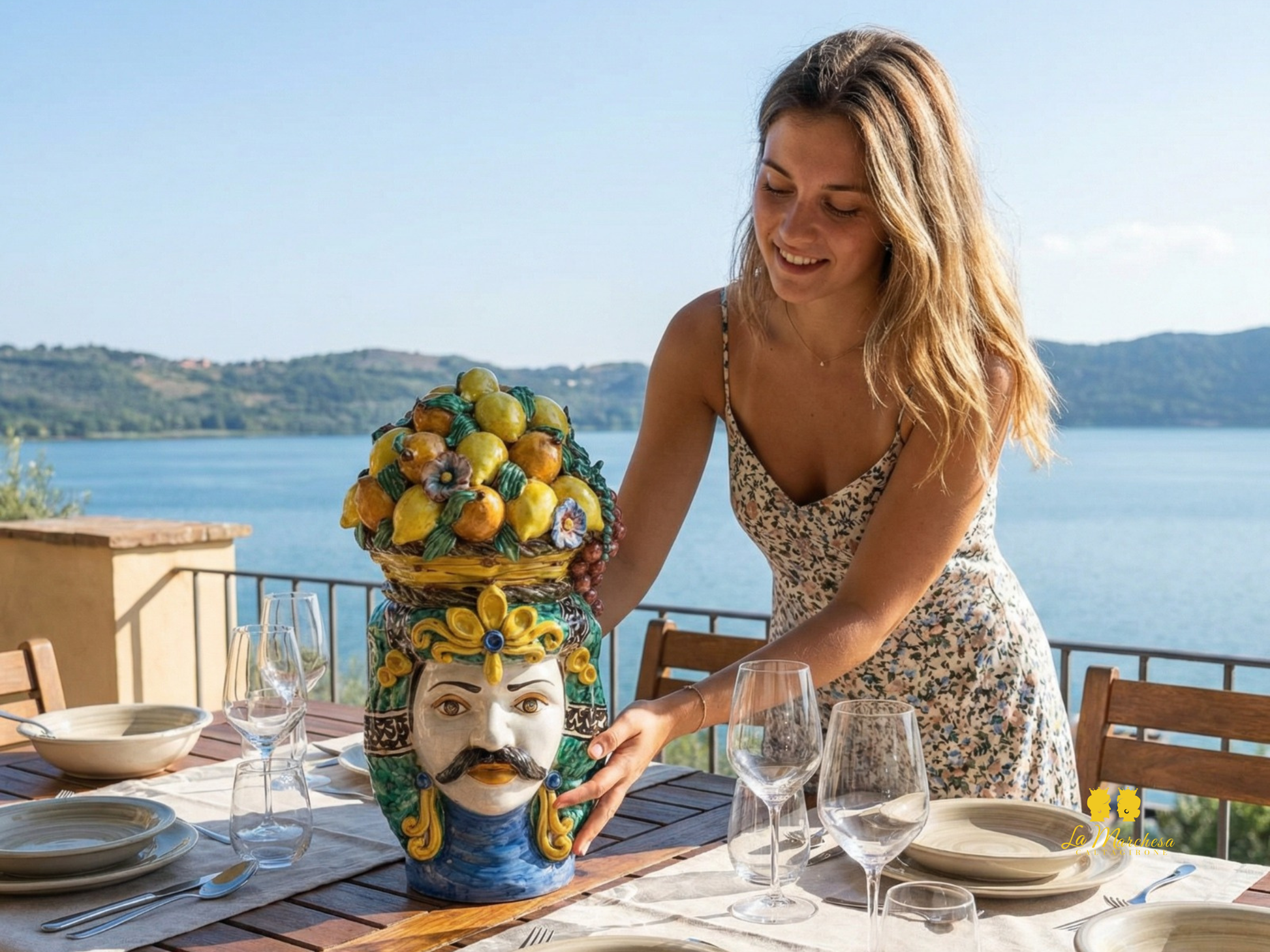 Testa di Moro Uomo Cesto Frutta in Ceramica di Caltagirone 52 cm