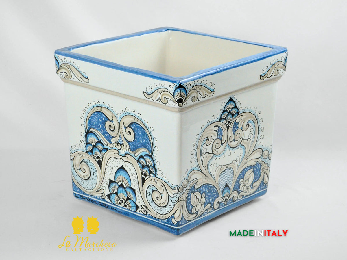 OUTLET - Fioriera Quadrata Decorata Blu in Ceramica di Caltagirone 30cm