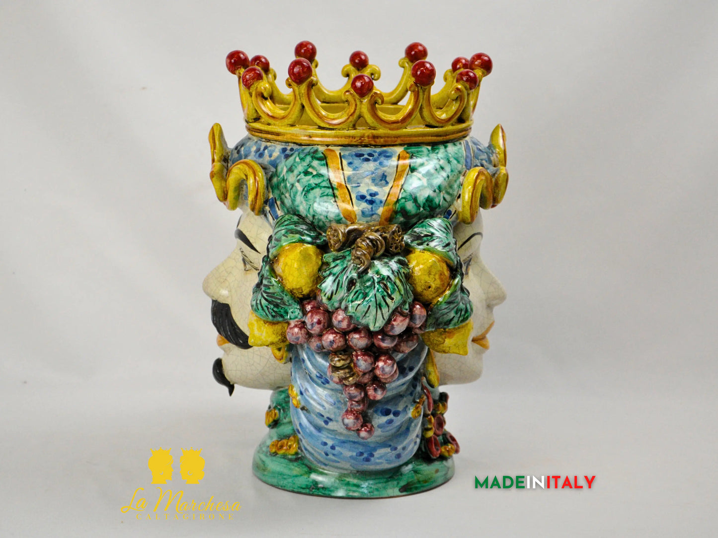 Testa di Moro Doppia Faccia Corona e Frutta in Ceramica di Caltagirone - Varie Misure