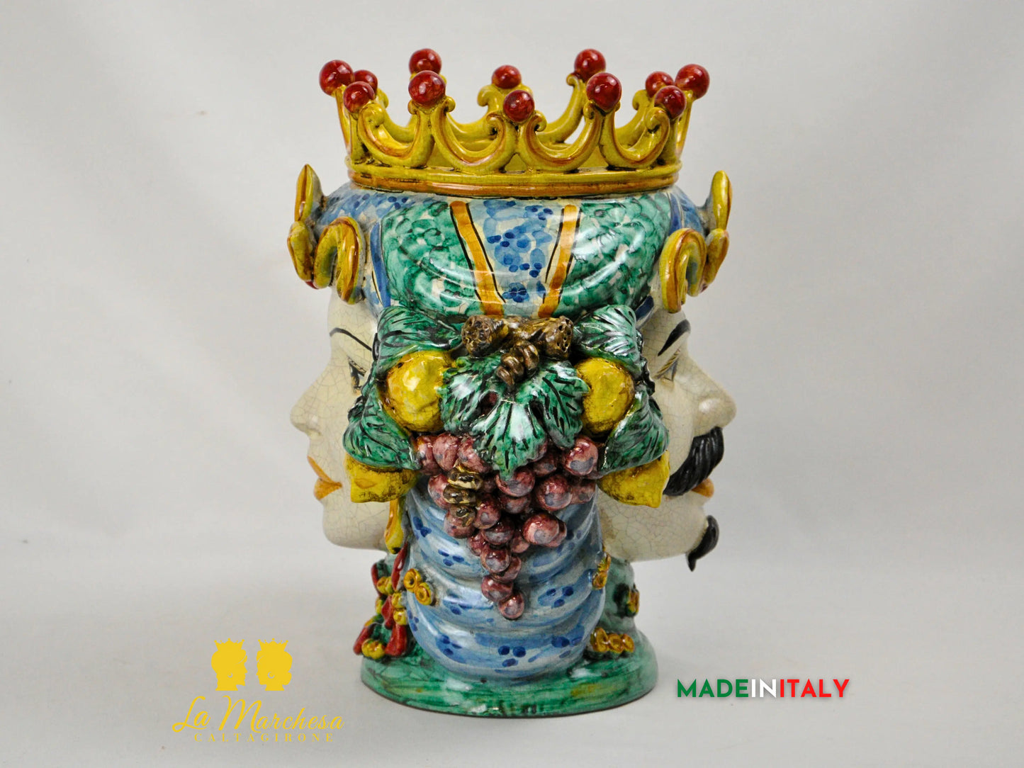 Testa di Moro Doppia Faccia Corona e Frutta in Ceramica di Caltagirone - Varie Misure