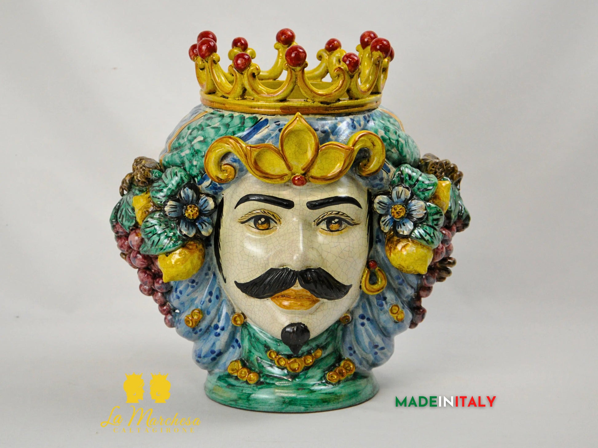 Testa di Moro Doppia Faccia Corona e Frutta in Ceramica di Caltagirone - Varie Misure