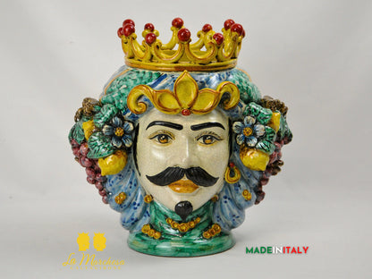Testa di Moro Doppia Faccia Corona e Frutta in Ceramica di Caltagirone - Varie Misure