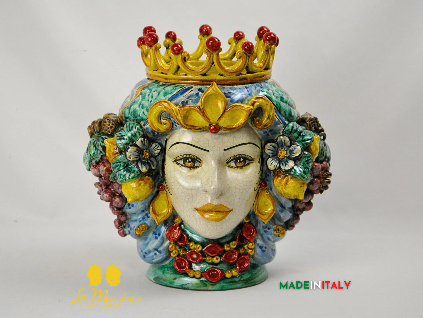 Testa di Moro Doppia Faccia Corona e Frutta in Ceramica di Caltagirone - Varie Misure