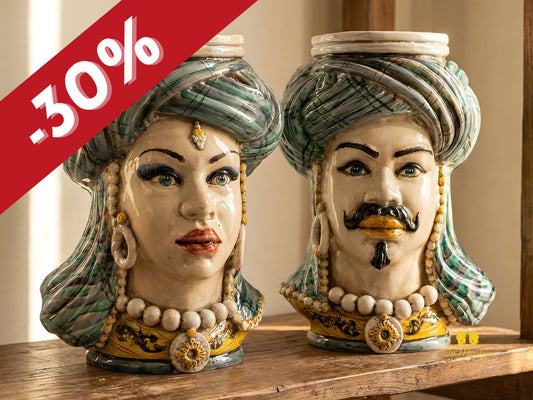 Teste di Moro Busto Turbante Verde in Ceramica di Caltagirone 43cm
