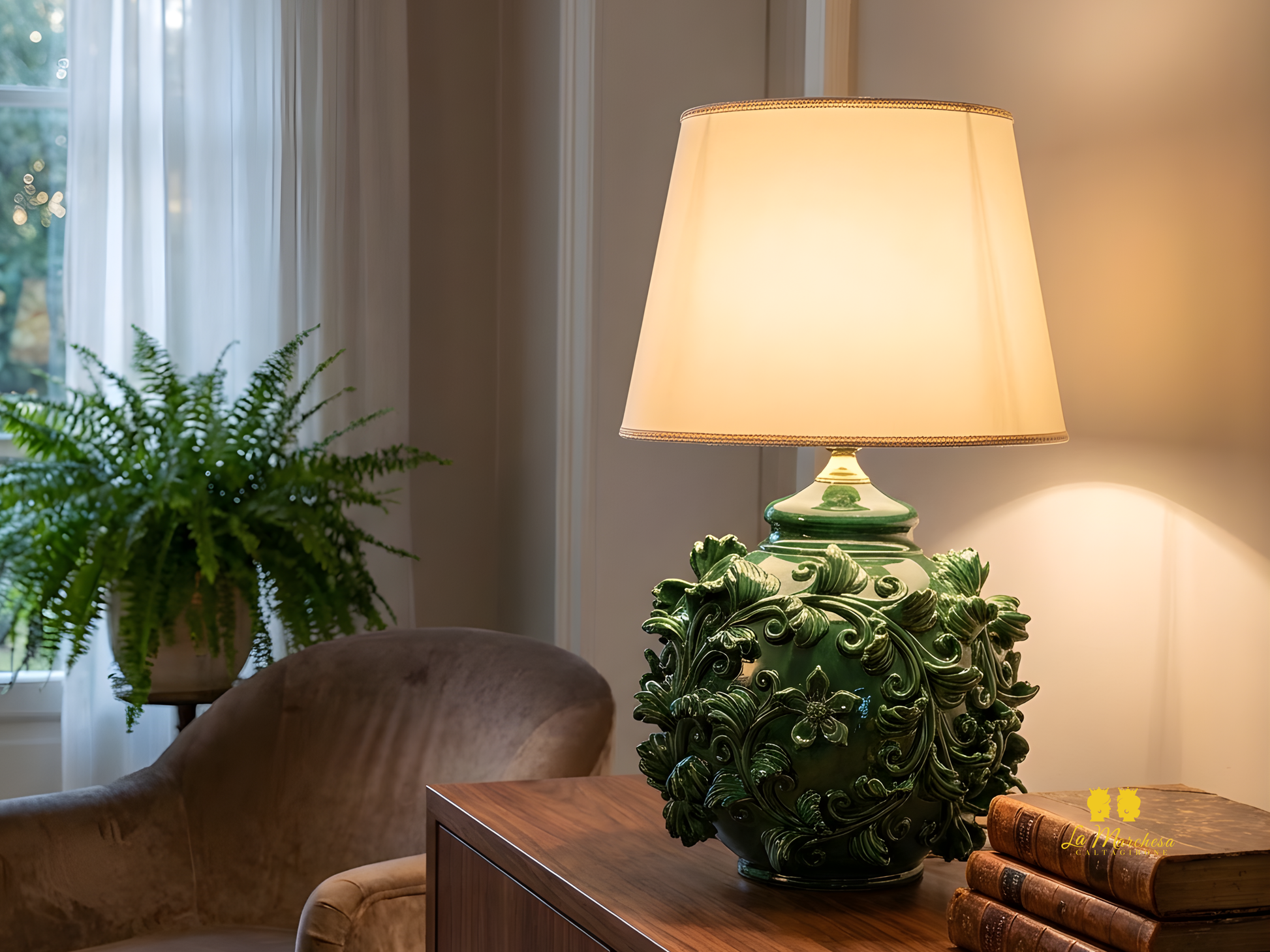 Lampada in Ceramica di Caltagirone Barocco Foglie Rilievo 35cm
