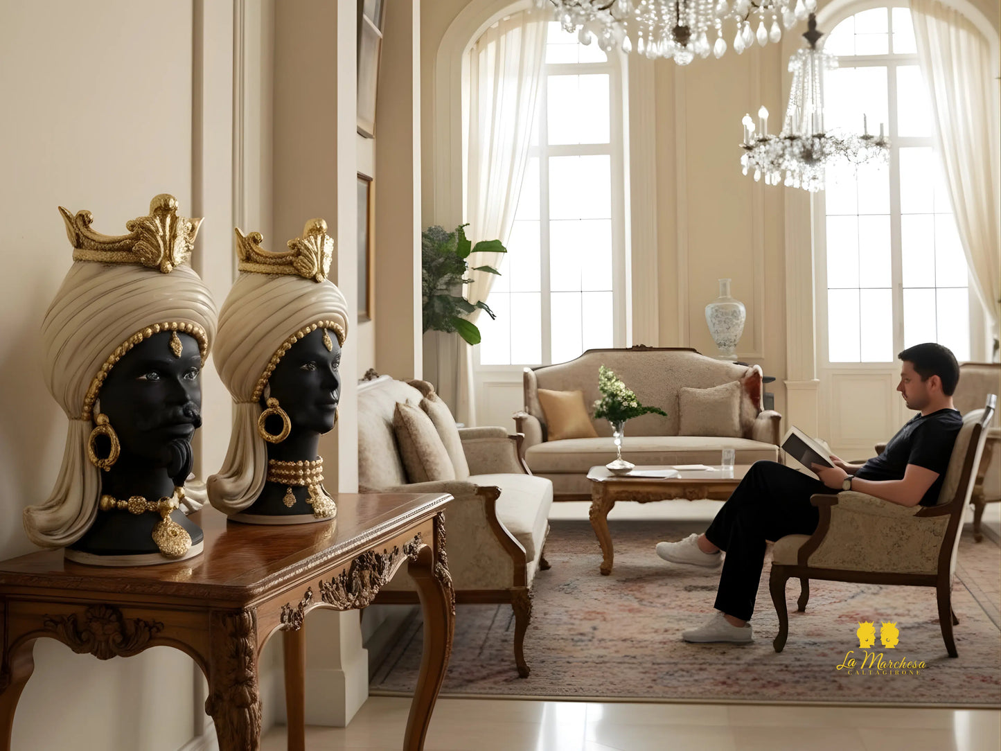 Teste di Moro Ceramica di Caltagirone design turbante fumè oro 45cm