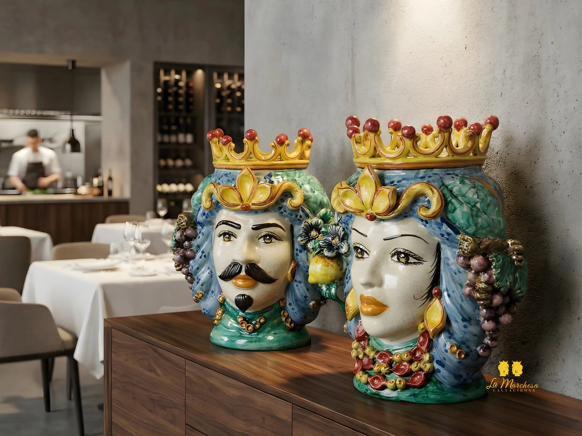 Teste di Moro Frutta Craquelé in Ceramica di Caltagirone 35cm