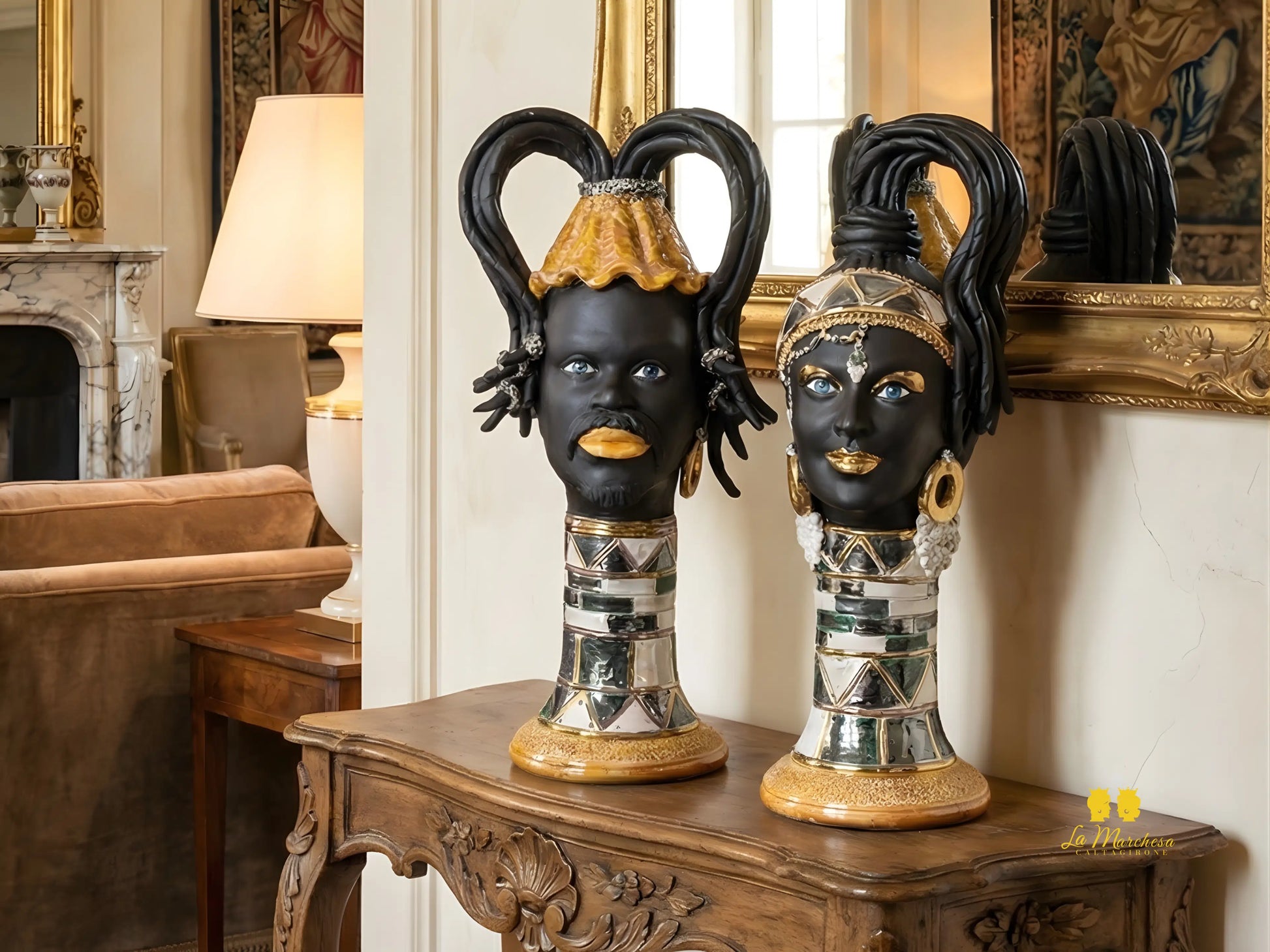 Teste di Moro Design Afro Platino Oro e Madreperla in Ceramica di Caltagirone cm60