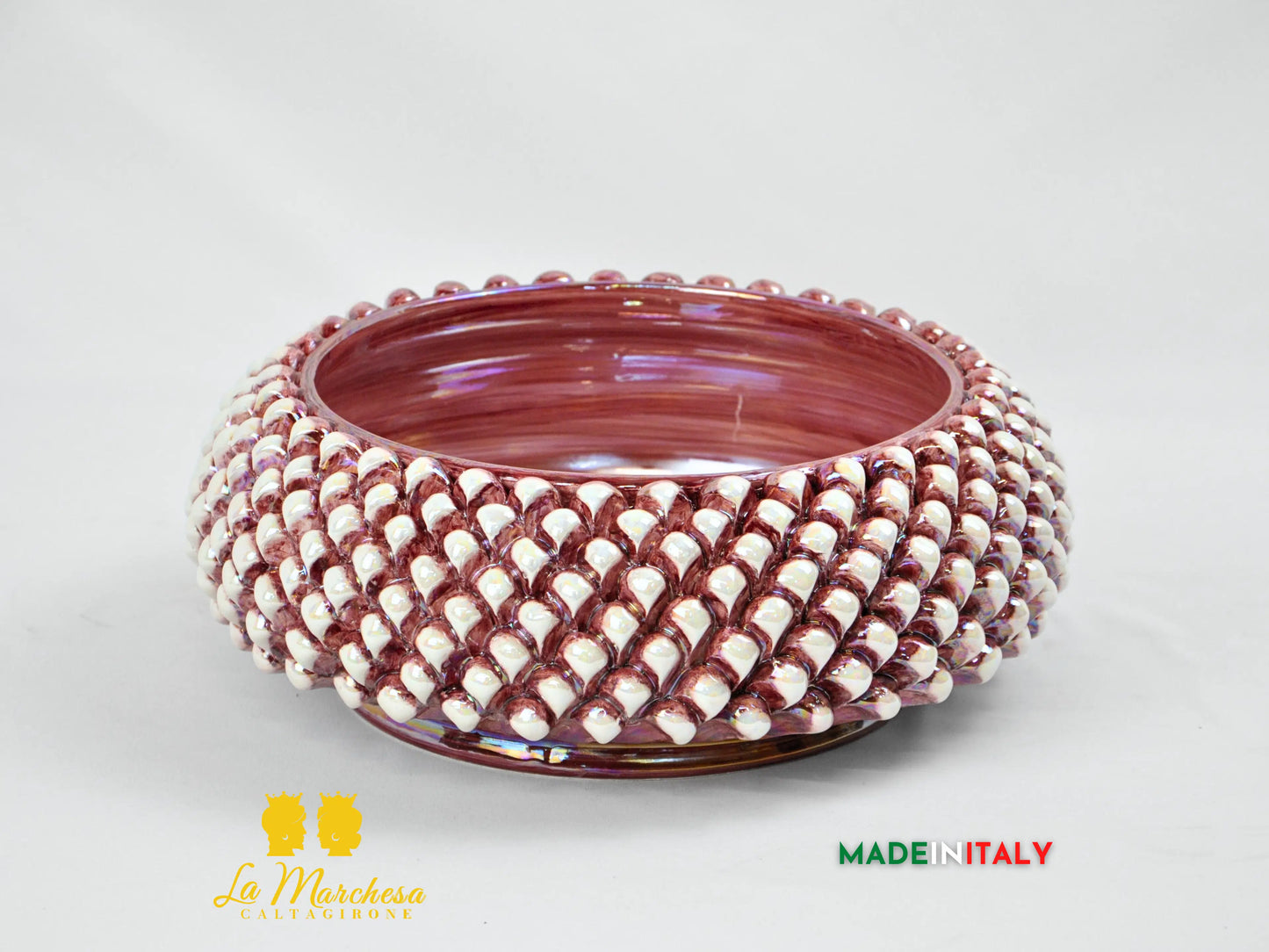 Centrotavola Ciotola Pigna Fumè Bordeaux Madreperla in Ceramica di Caltagirone