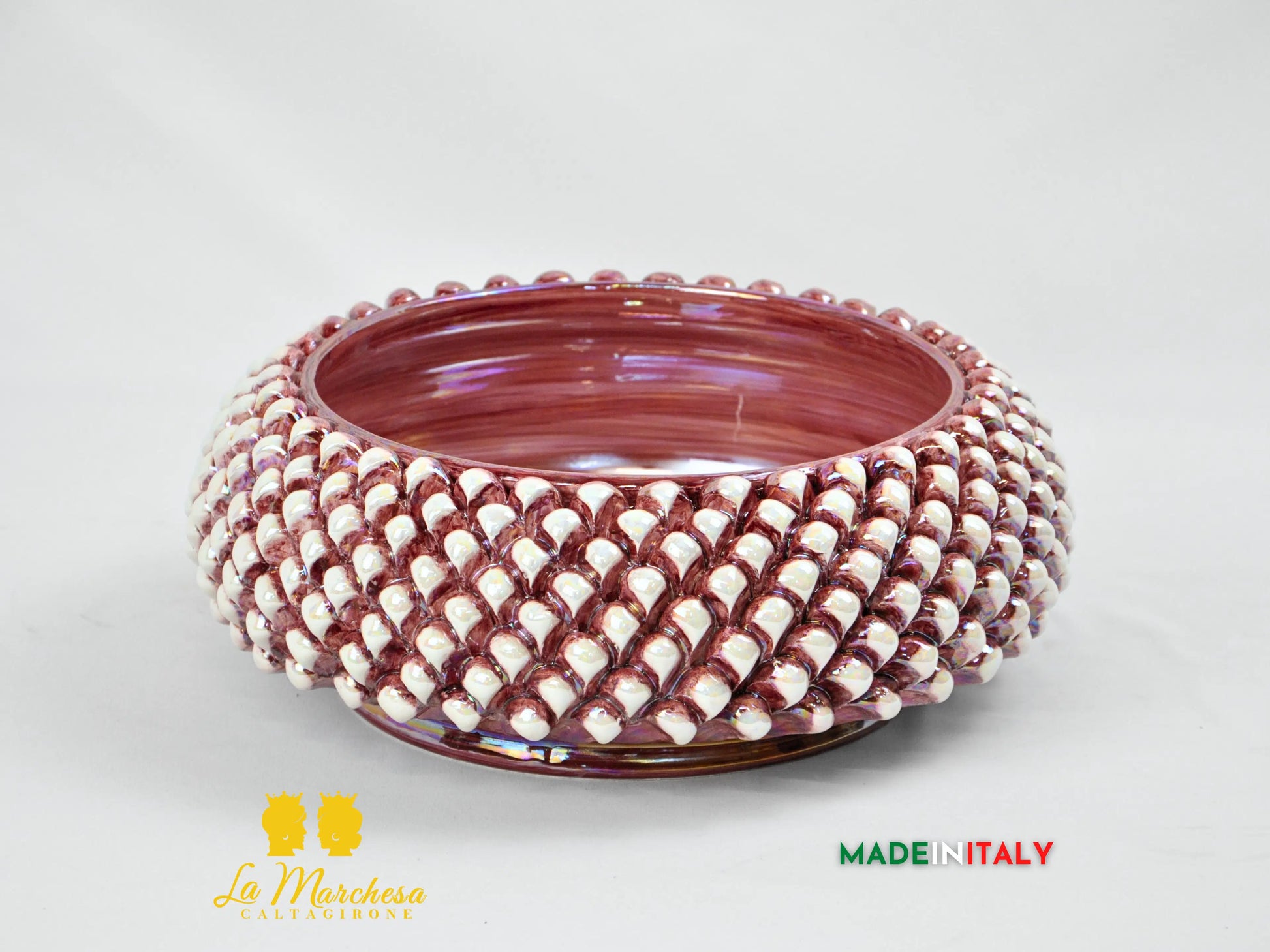 Centrotavola Ciotola Pigna Fumè Bordeaux Madreperla in Ceramica di Caltagirone