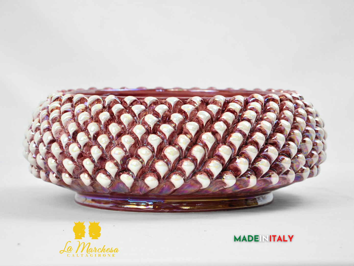 Centrotavola Ciotola Pigna Fumè Bordeaux Madreperla in Ceramica di Caltagirone