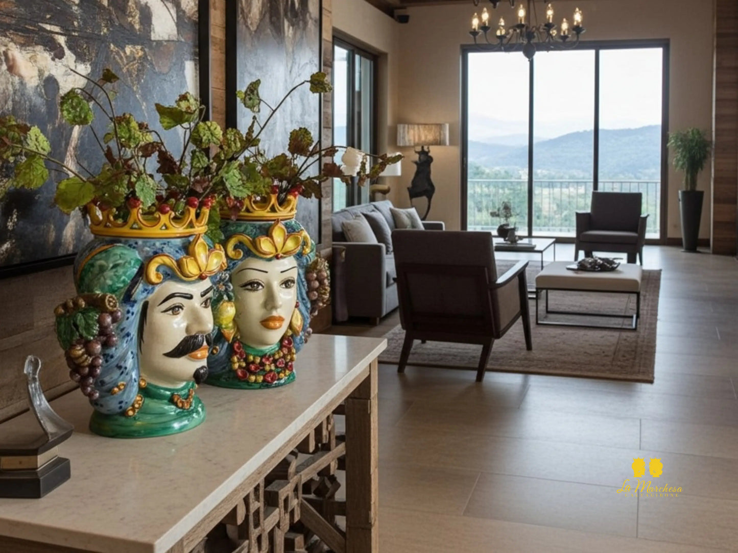 Teste di Moro in Ceramica di Caltagirone celeste frutta craquelé 35cm