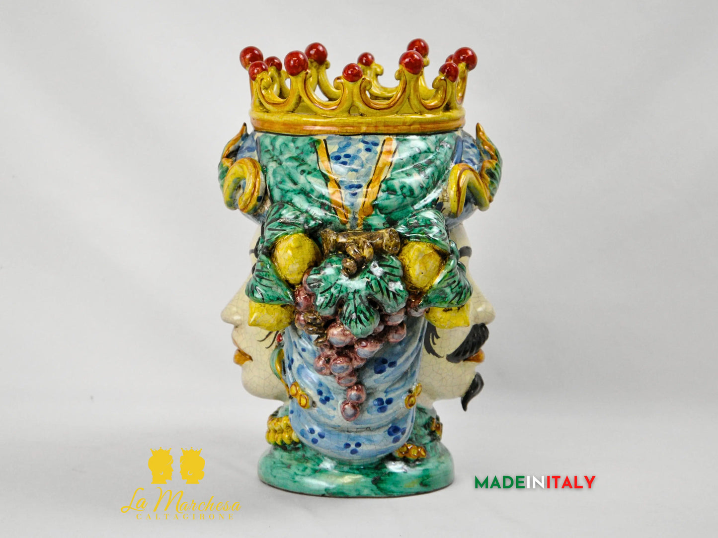 Testa di Moro Doppia Faccia Corona e Frutta in Ceramica di Caltagirone - Varie Misure