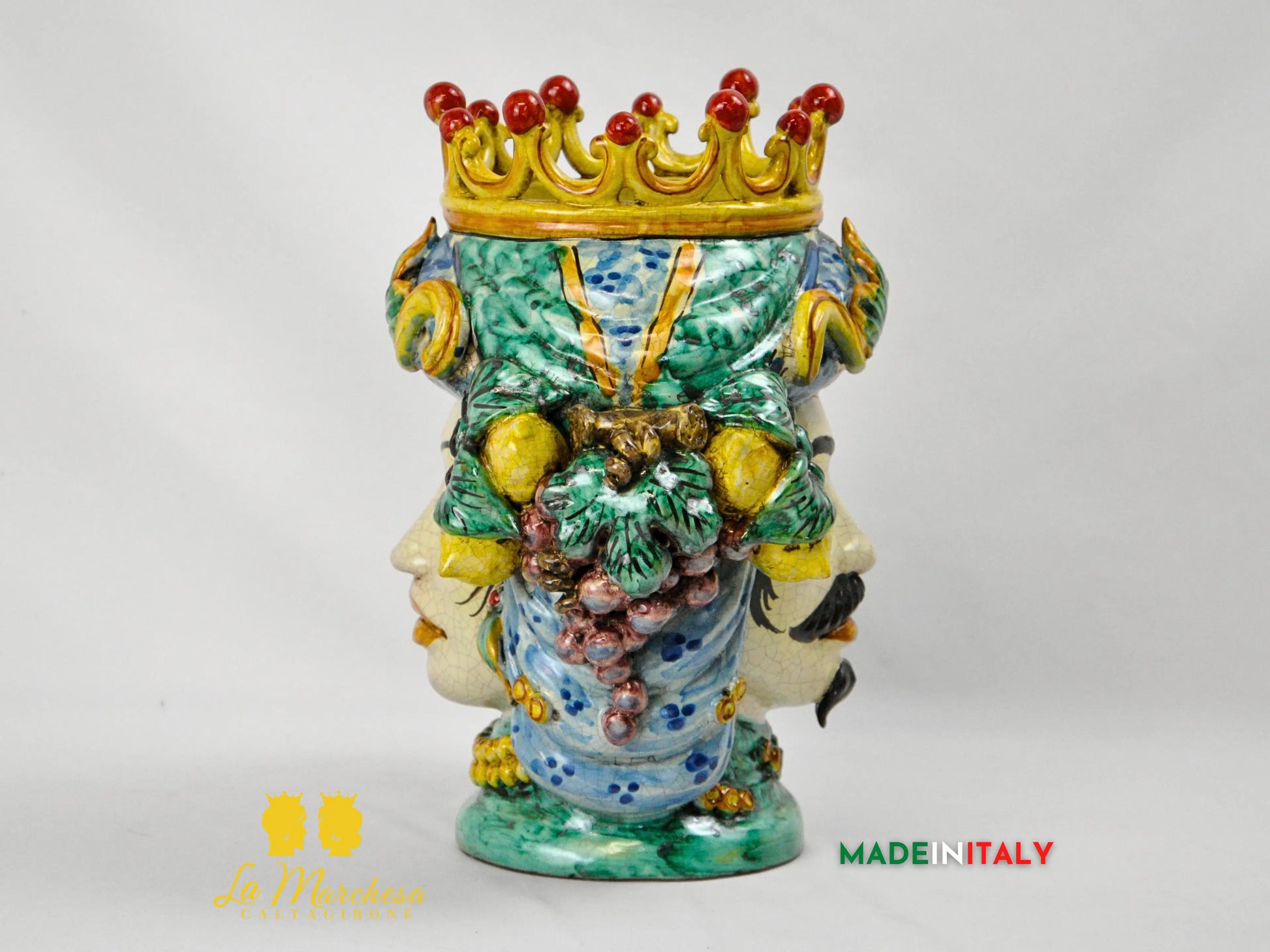 Testa di Moro Doppia Faccia Corona e Frutta in Ceramica di Caltagirone - Varie Misure