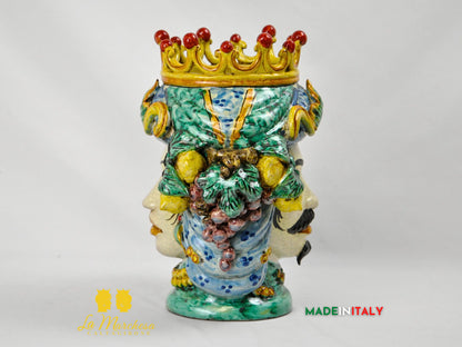 Testa di Moro Doppia Faccia Corona e Frutta in Ceramica di Caltagirone - Varie Misure