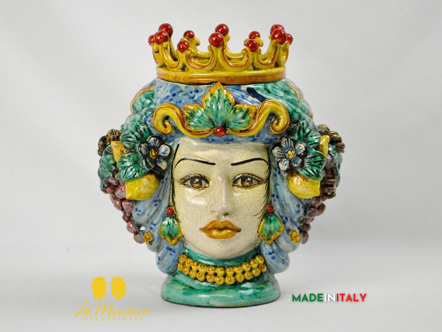 Testa di Moro Doppia Faccia Corona e Frutta in Ceramica di Caltagirone - Varie Misure