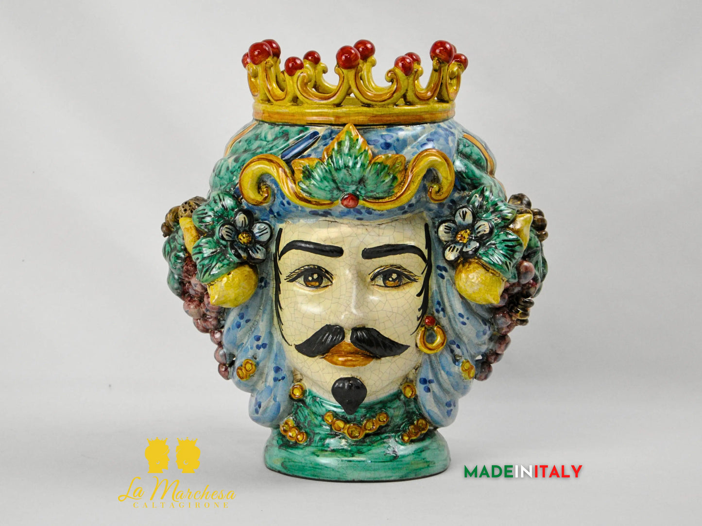 Testa di Moro Doppia Faccia Corona e Frutta in Ceramica di Caltagirone - Varie Misure