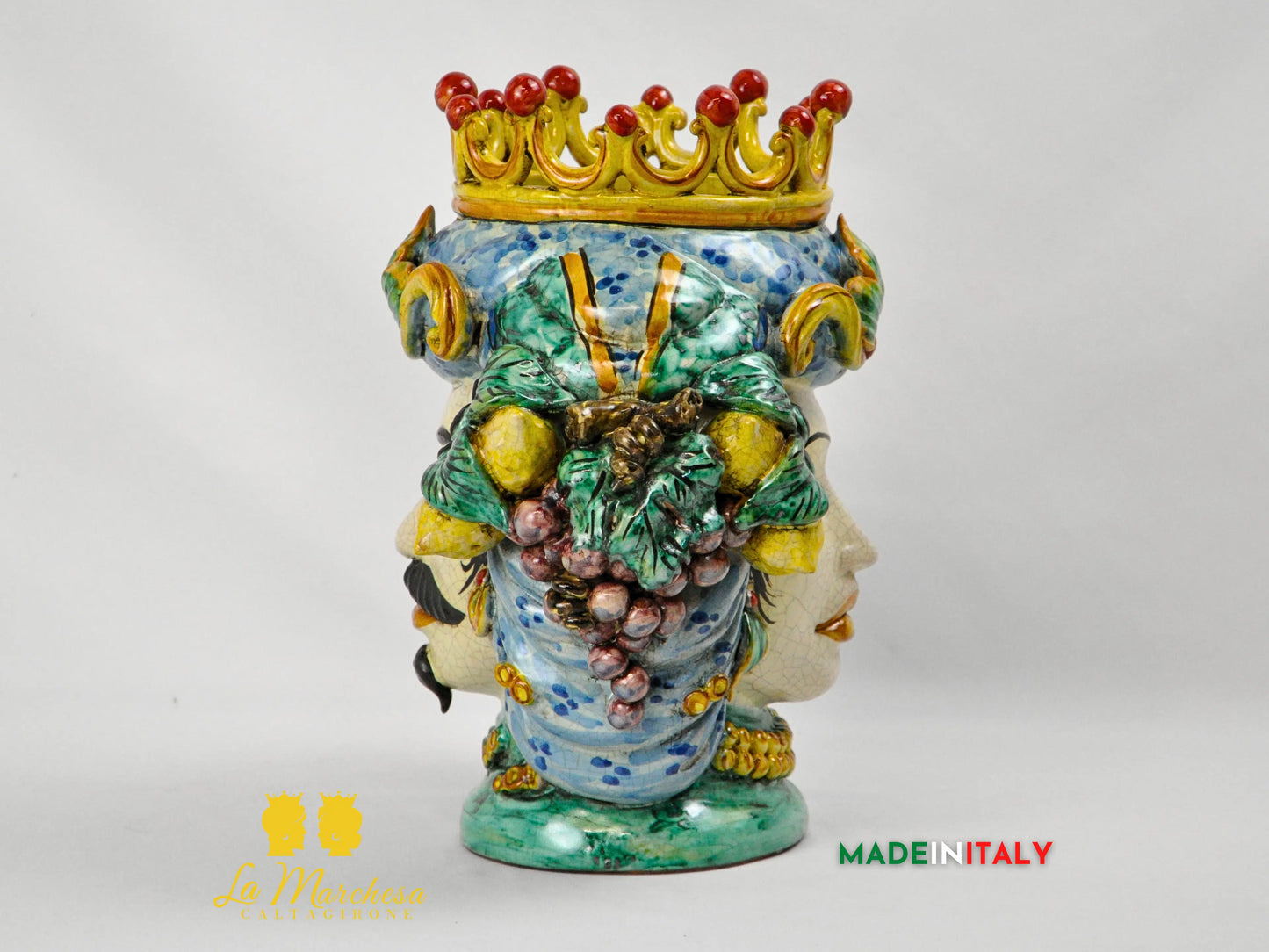 Testa di Moro Doppia Faccia Corona e Frutta in Ceramica di Caltagirone - Varie Misure