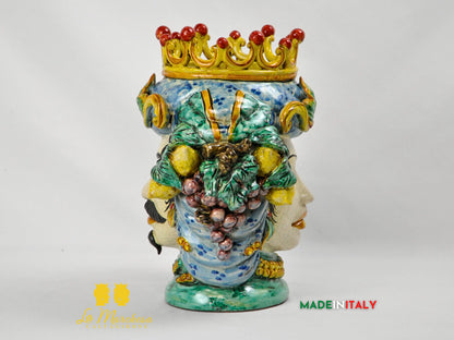 Testa di Moro Doppia Faccia Corona e Frutta in Ceramica di Caltagirone - Varie Misure