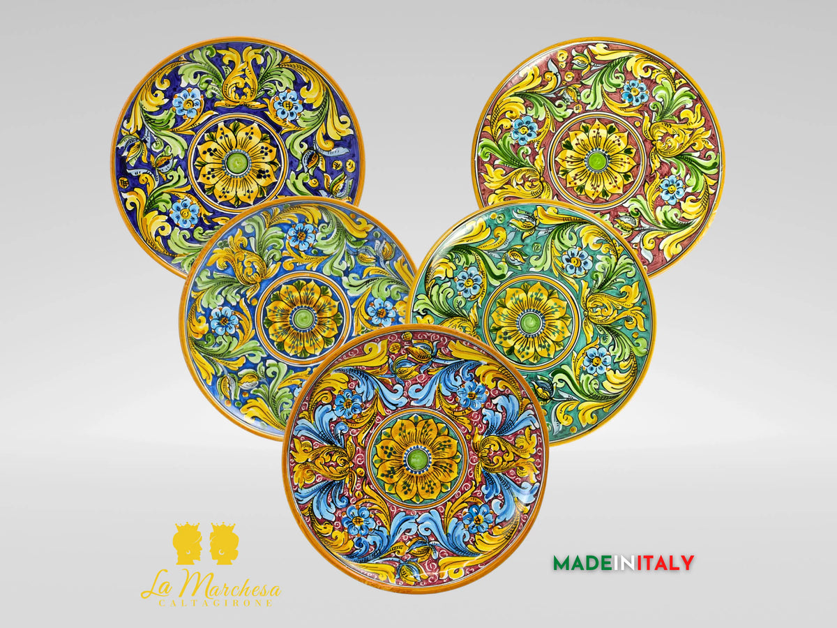 Piatto in Ceramica di Caltagirone Ornato Fiore 32cm - Vari colori