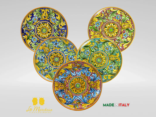 Piatto in Ceramica di Caltagirone Ornato Fiore 32cm - Vari colori