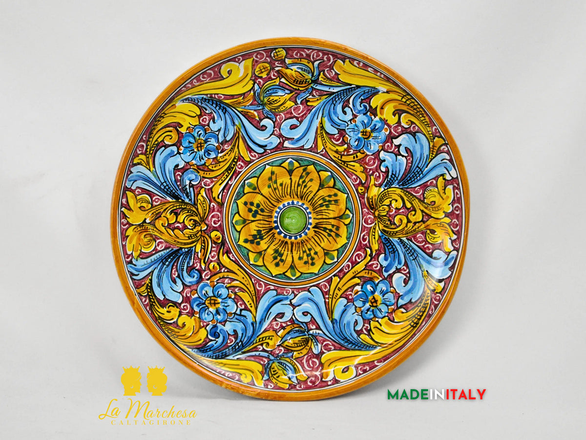 Piatto in Ceramica di Caltagirone Ornato Fiore 32cm - Vari colori