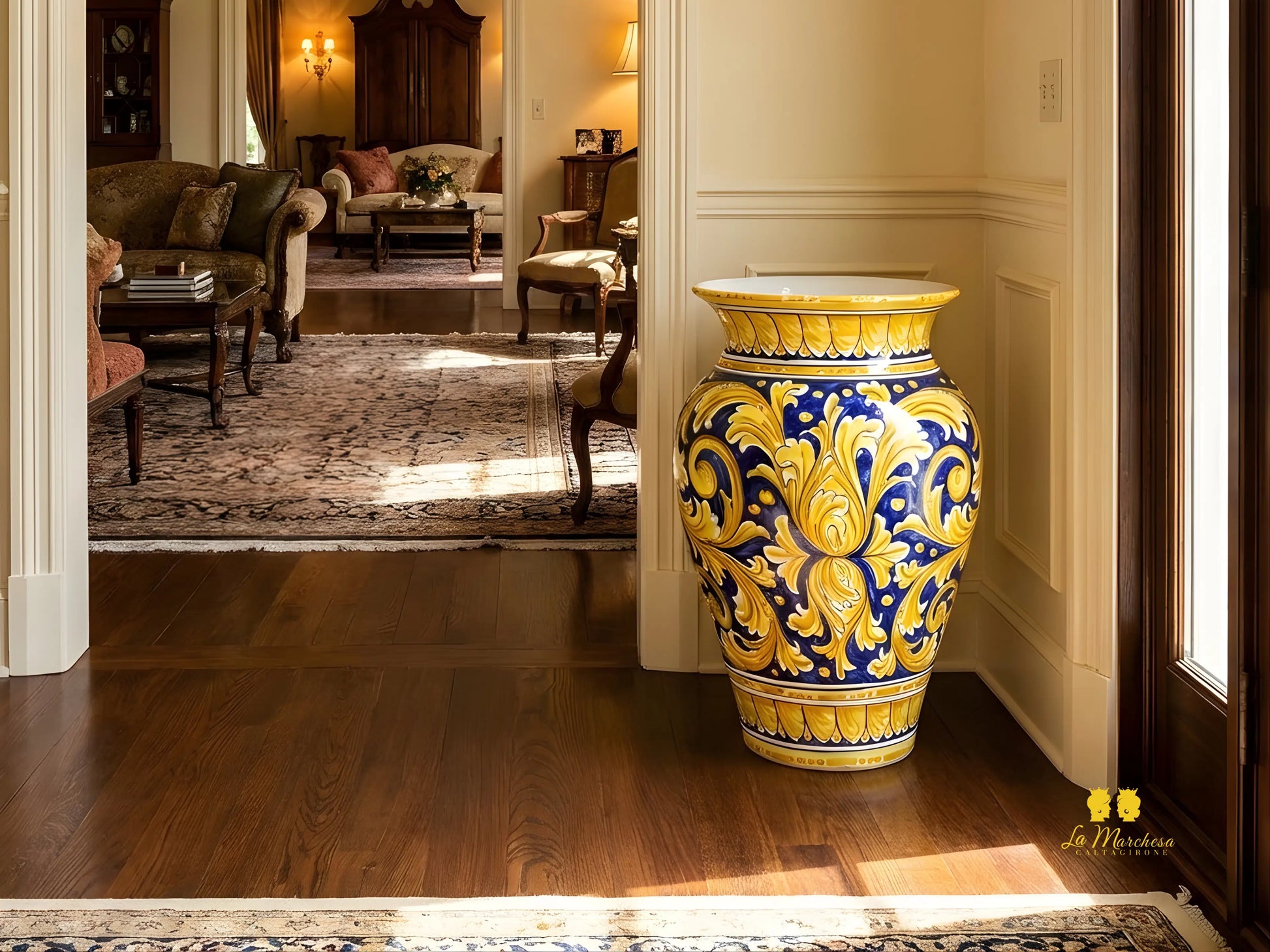 Porta Ombrelli Giara in Ceramica di Caltagirone Ornato Blu 51cm