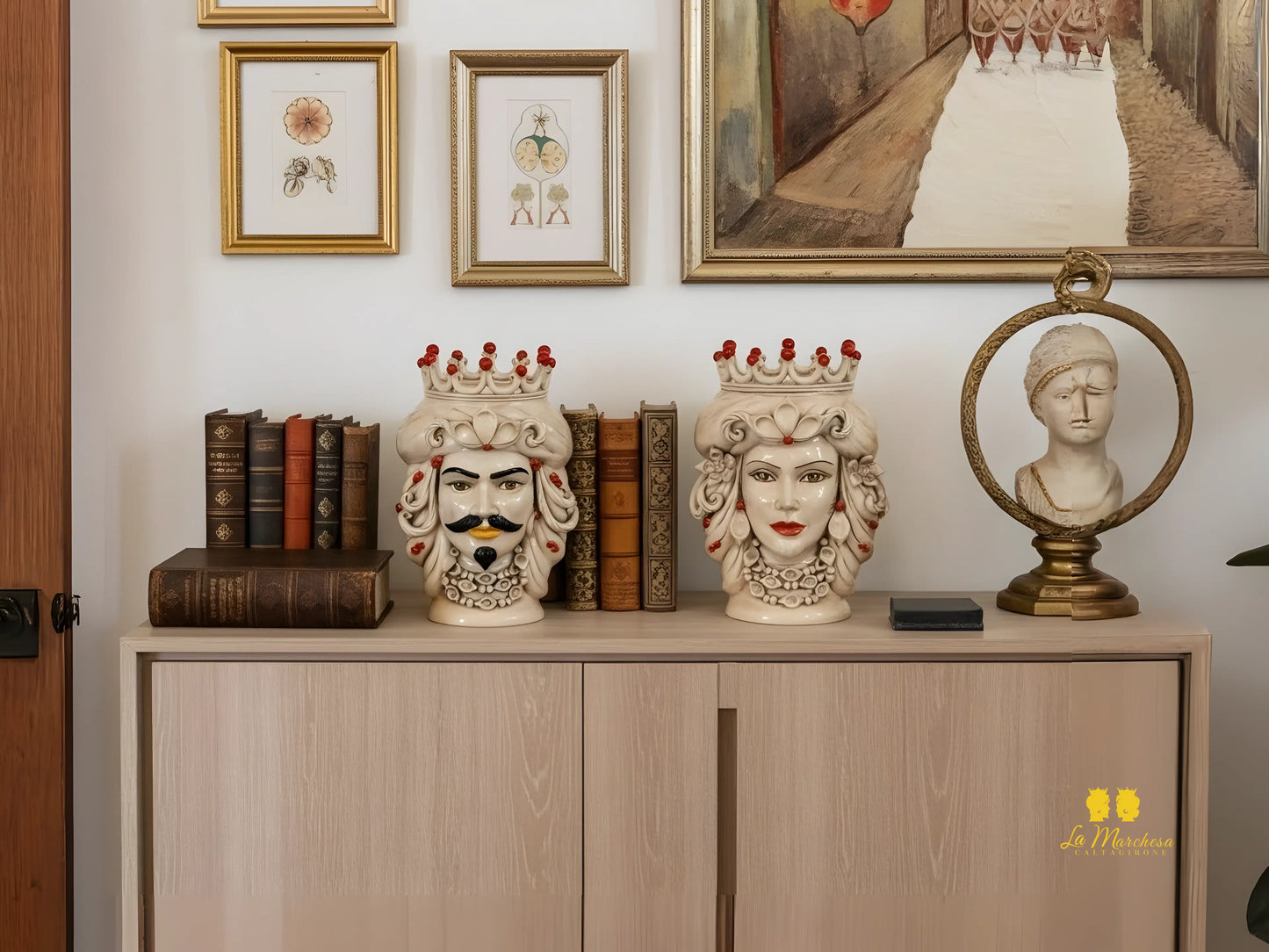 Coppia Teste di moro in Ceramica di Caltagirone fumè corona rossa 43cm