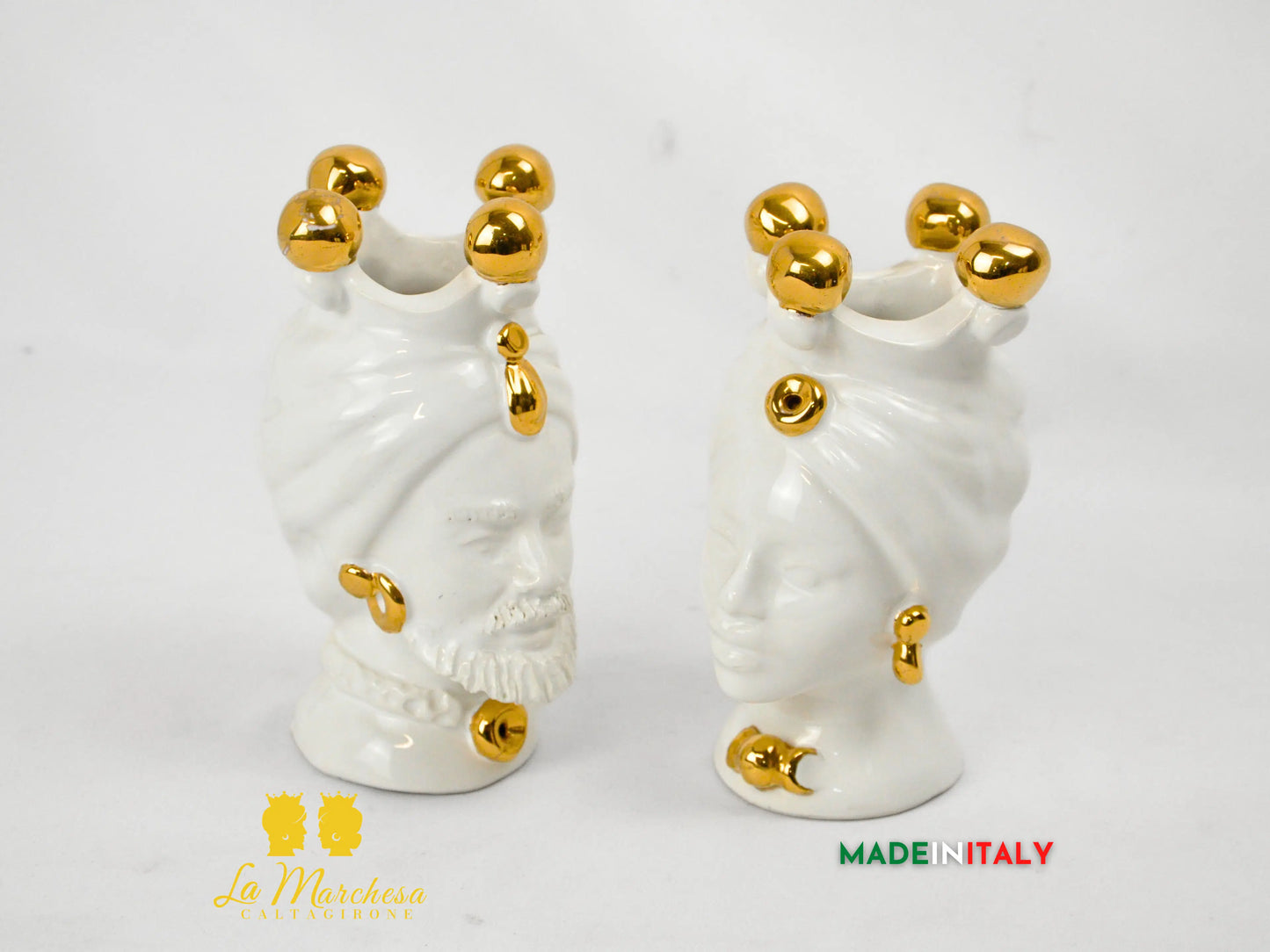 FINE SERIE - Teste di Moro Bianche e Oro in Ceramica di Caltagirone 16cm