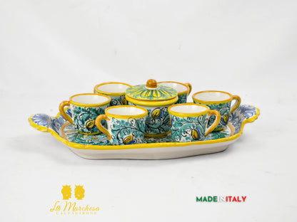 Servizio da Caffè in Ceramica di Caltagirone con Vassoio e Zuccheriera '600 Verde