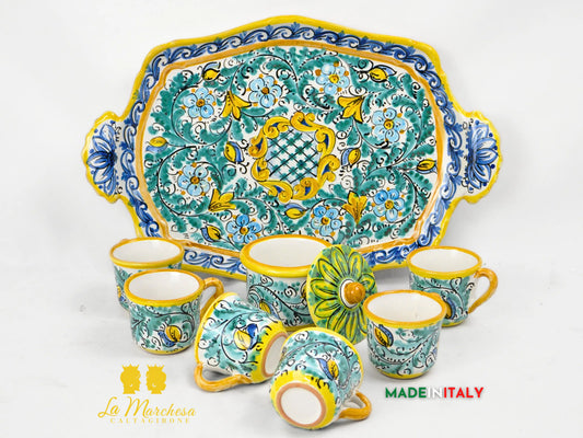 Servizio da Caffè in Ceramica di Caltagirone con Vassoio e Zuccheriera '600 Verde
