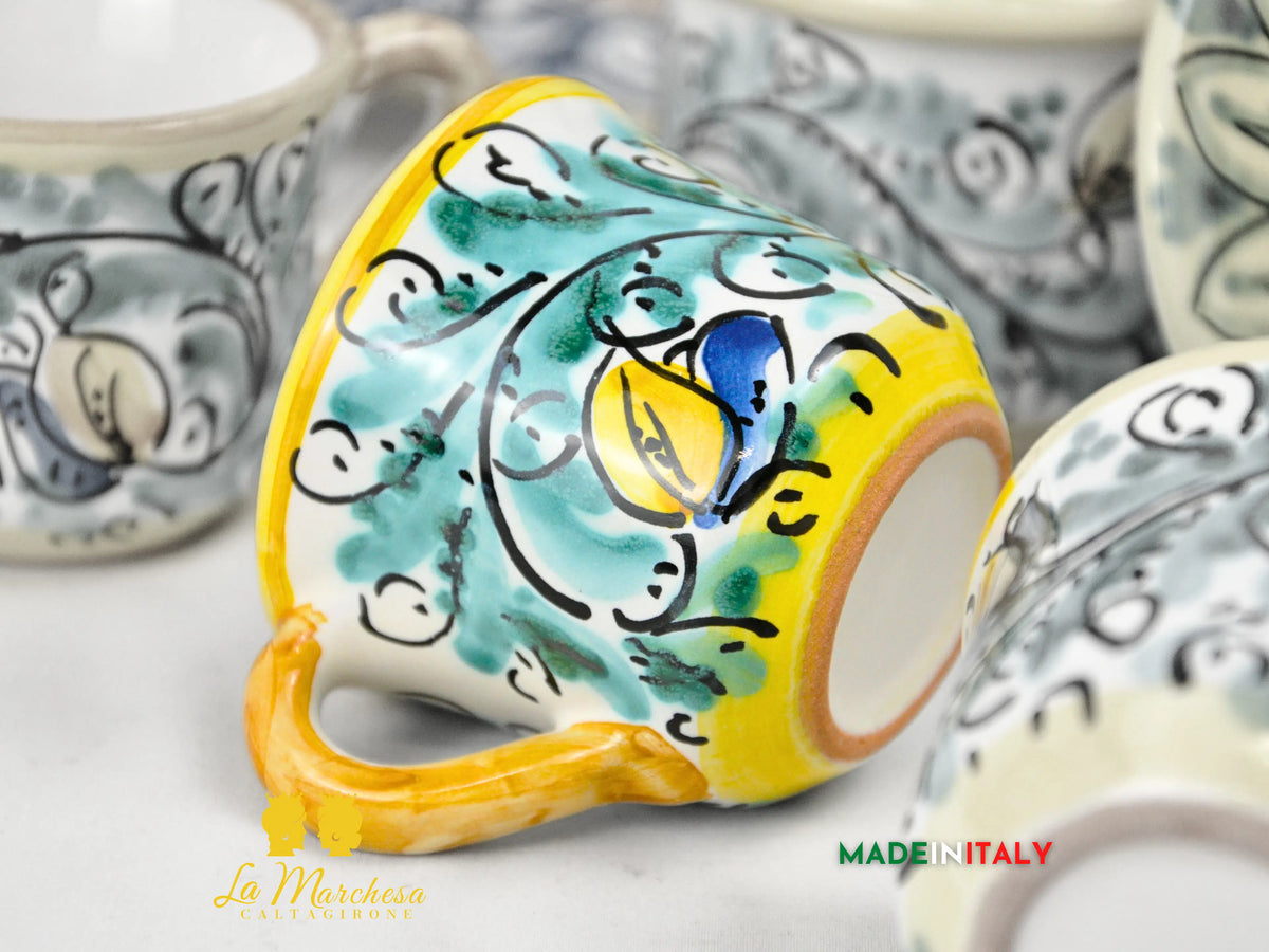 Servizio da Caffè in Ceramica di Caltagirone con Vassoio e Zuccheriera '600 Verde
